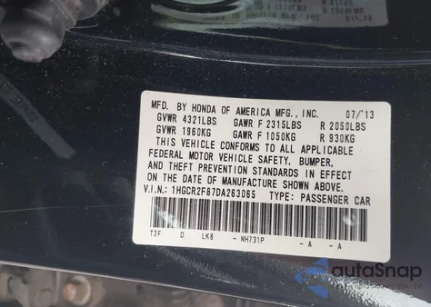 2013 Honda Accord Ex-L from USA, damaged, VIN 1HGCR2F87DA263065